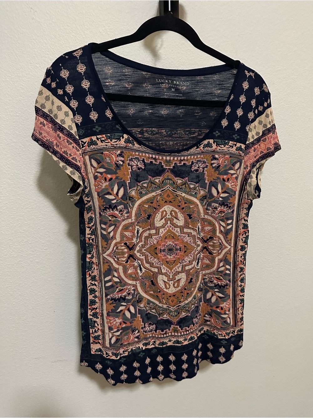 Lucky Brand Navy Multi Paisley Medallion Scoop Neck Top
